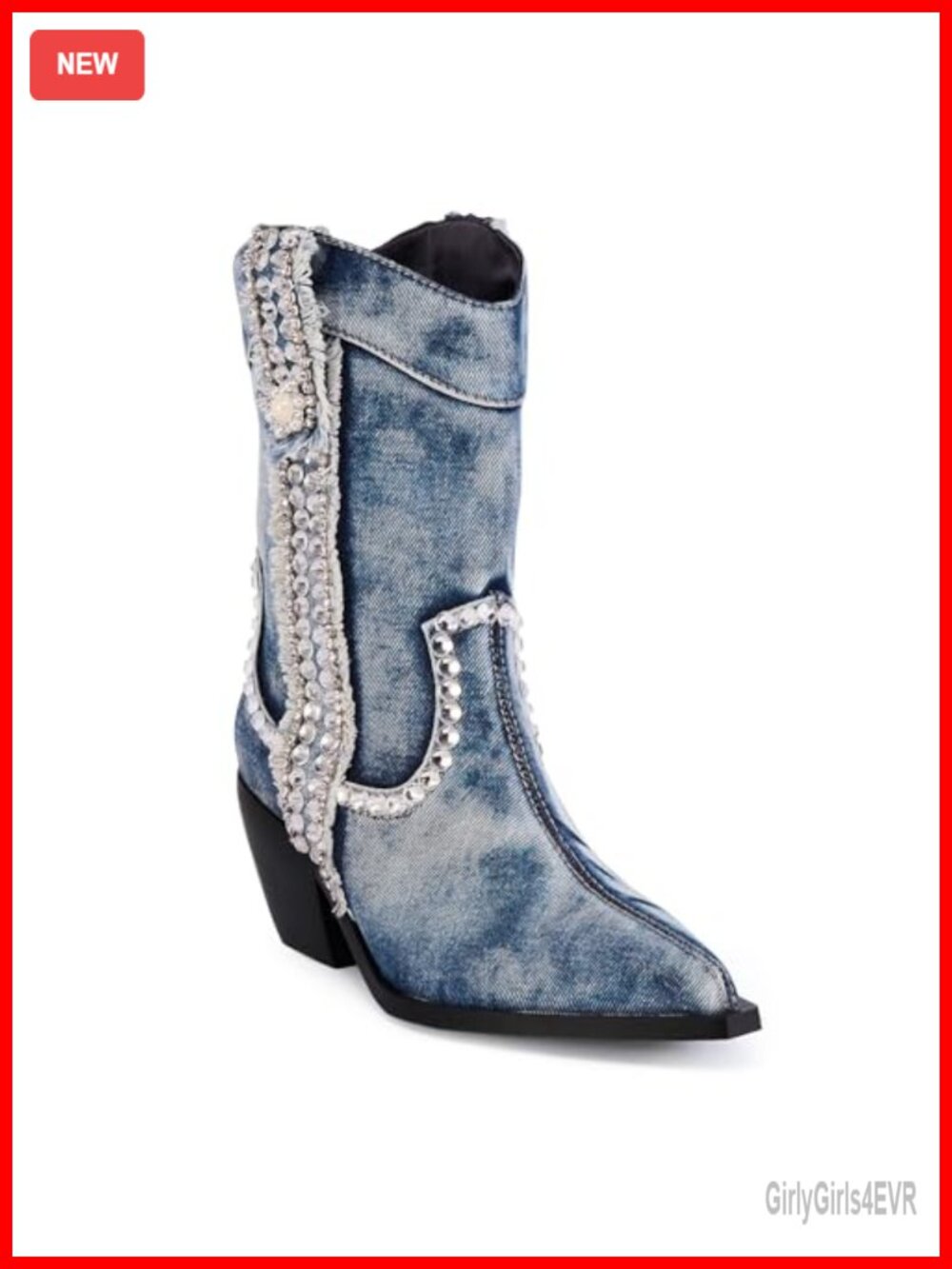Denim Rhinestone Cowboy Boots Mid-Calf Chunky Heel